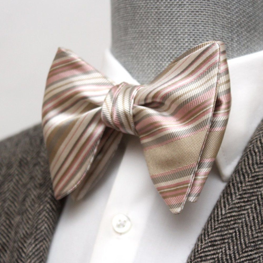 Men's Large‎ Silk Striped Pink Grey Bow Tie S583